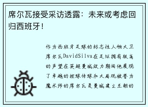席尔瓦接受采访透露：未来或考虑回归西班牙！